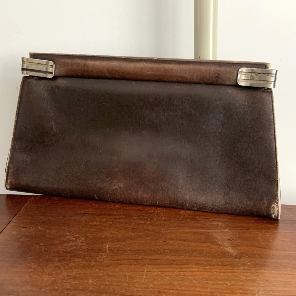 Vintage Large Brown Leather Clutch Purse with structured frame and hinged clasps